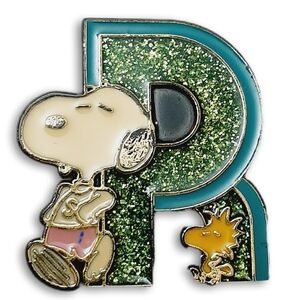 Vintage SNOOPY Initial Letter R Woodstock Peanuts Glitter Brooch Jewelry Pin